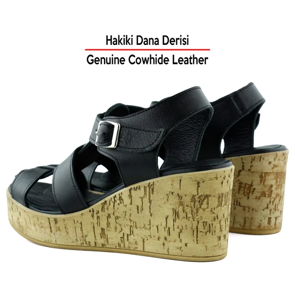 Erkan Saçmacı Xena Siyah Hakiki Dana Derisi Mantar Taban Görünümlü Dolgu Topuklu Gladyatör Sandalet - 5