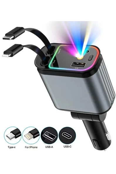 ACL ACC-01 RGB Işıklı 66W Araç Şarj Cihazı | 4in1 Geri Çekilebilir Kablo | Type-C + Lightning | Yıldızlı Tavan Efekti