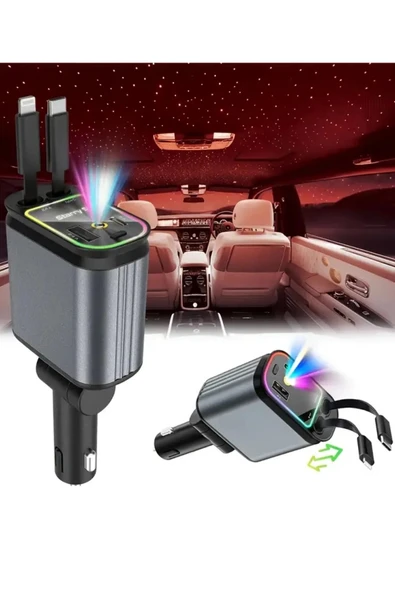 ACL ACC-01 RGB Işıklı 66W Araç Şarj Cihazı | 4in1 Geri Çekilebilir Kablo | Type-C + Lightning | Yıldızlı Tavan Efekti - 8