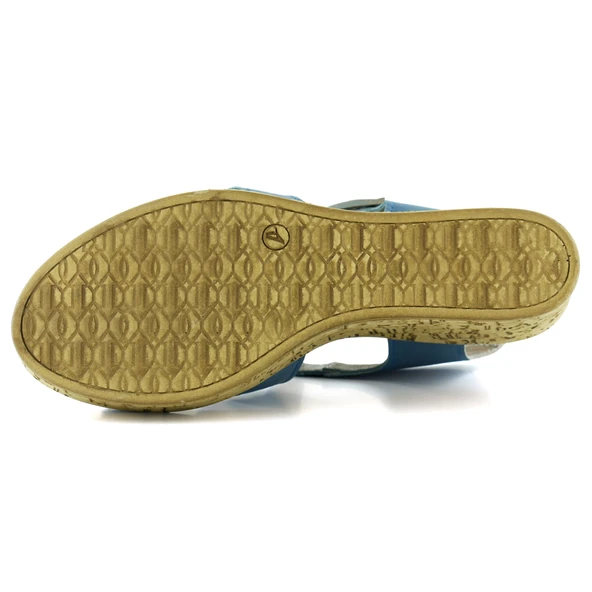 Erkan Saçmacı Xena Mavi Hakiki Dana Derisi Mantar Taban Görünümlü Dolgu Topuklu Gladyatör Sandalet - 6