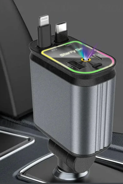 ACL ACC-01 RGB Işıklı 66W Araç Şarj Cihazı | 4in1 Geri Çekilebilir Kablo | Type-C + Lightning | Yıldızlı Tavan Efekti - 3