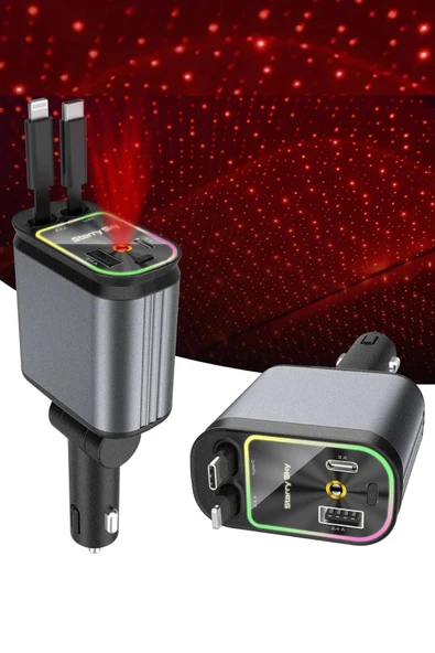 ACL ACC-01 RGB Işıklı 66W Araç Şarj Cihazı | 4in1 Geri Çekilebilir Kablo | Type-C + Lightning | Yıldızlı Tavan Efekti - 2