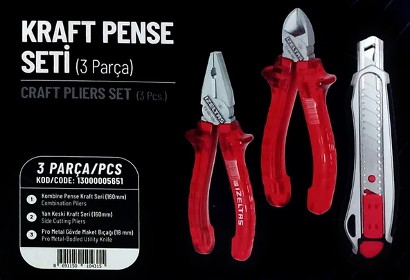 İzeltaş 3'lü Kraft Pense Seti 3 Parça Kraft Pense 160mm Kraft Yan Keski 160mm Maket Bıçağı ürün görseli 1