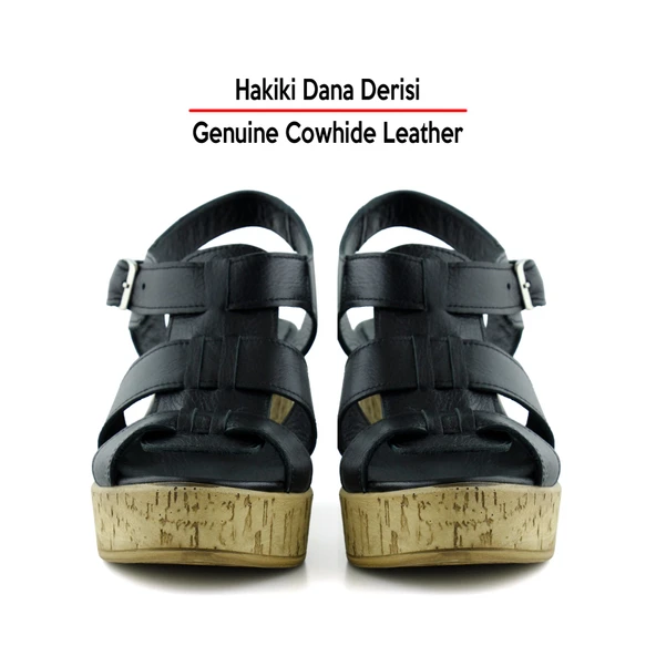 Erkan Saçmacı Xena Siyah Hakiki Dana Derisi Mantar Taban Görünümlü Dolgu Topuklu Gladyatör Sandalet - 4