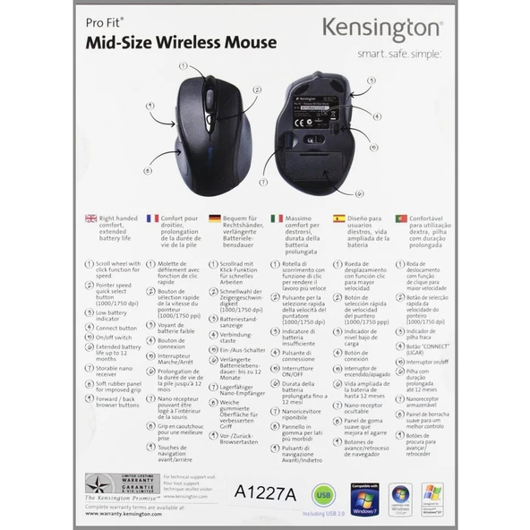 Kensington K72421WW Pro Fit Mid-Size Kablosuz Fare (2,4ghz, 1750DPI) Sapphir - 2
