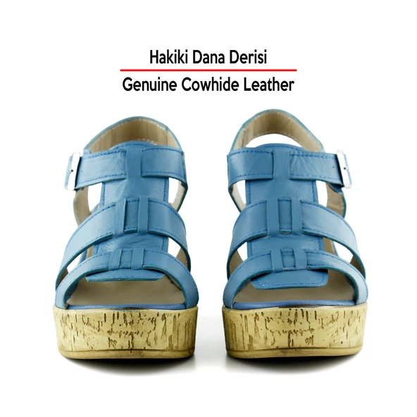 Erkan Saçmacı Xena Mavi Hakiki Dana Derisi Mantar Taban Görünümlü Dolgu Topuklu Gladyatör Sandalet - 4