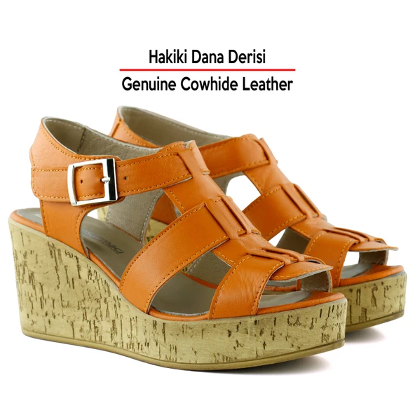 Erkan SaçmacıXena Turuncu Hakiki Dana Derisi Mantar Taban Görünümlü Dolgu Topuklu Gladyatör Sandalet - 3