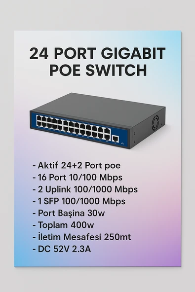 24 Port 10/100/1000MBPS 24+2 Gigabit Poe Switch ürün görseli