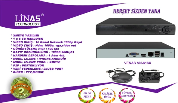 Linas VN-616X 16 Kanal Nvr Xmeye Ip Kayıt Cihazı - Resim 2