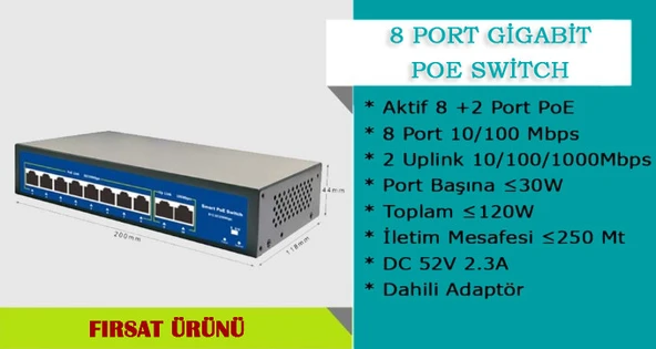 8 Port 10/100/1000MBPS 8+2 Gigabit Poe Switch - Resim 2