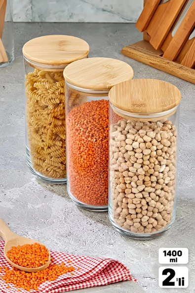 Tilbe Home 2 Adet Vakumlu Bambu Kapaklı Cam Kavanoz 1400ml Baharatlık Bakliyat Gıda Saklama Kabı Organizer