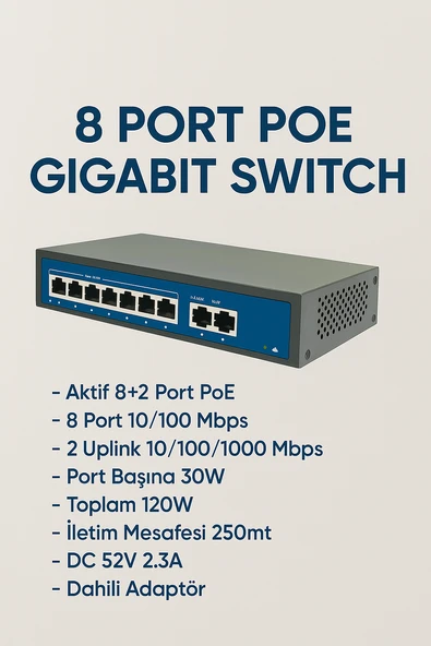 8 Port 10/100/1000MBPS 8+2 Gigabit Poe Switch ürün görseli