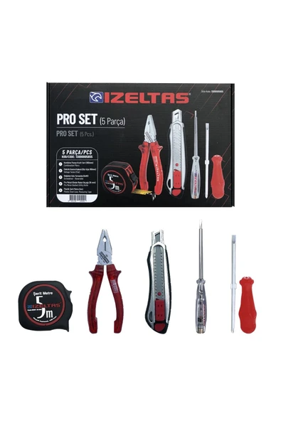 İzeltaş 5'li Pro Set 5 Parça Kraft Pense 160mm Kontrol Kalemi Tornavida Maket Bıçağı Şerit Metre - Resim 3