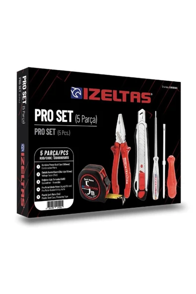 İzeltaş 5'li Pro Set 5 Parça Kraft Pense 160mm Kontrol Kalemi Tornavida Maket Bıçağı Şerit Metre ürün görseli 1
