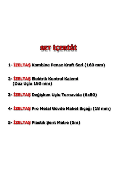 İzeltaş 5'li Pro Set 5 Parça Kraft Pense 160mm Kontrol Kalemi Tornavida Maket Bıçağı Şerit Metre - Resim 5
