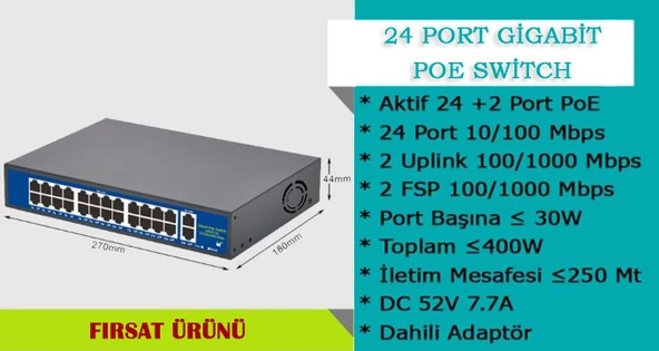 24 Port 10/100/1000MBPS 24+2 Gigabit Poe Switch - Resim 2