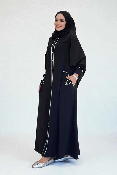 Boydan Düğmeli Ferace Elbise 3975 Siyah - 3