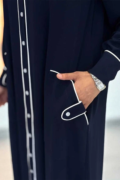 Boydan Düğmeli Ferace Elbise 3975 Lacivert - Resim 4