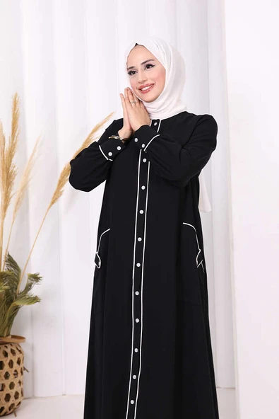 Boydan Düğmeli Ferace Elbise 3975 Siyah - Resim 5