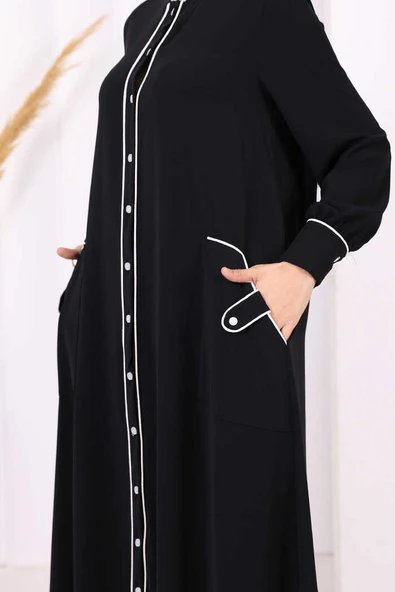 Boydan Düğmeli Ferace Elbise 3975 Siyah - Resim 6