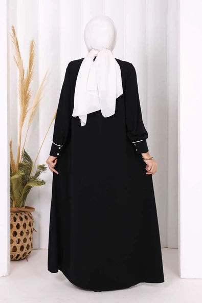 Boydan Düğmeli Ferace Elbise 3975 Siyah - Resim 4