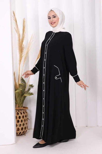Boydan Düğmeli Ferace Elbise 3975 Siyah - Resim 3