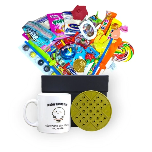 Retro Lezzetler ve Sürprizlerle Dolu Siyah Hediye Kutusu ve Benimle Sorunu Olan Ağlayarak Günlüğüne Yazabilir Yazılı Kupa Bardak - 2