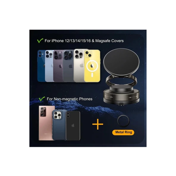 Metalik Magsafe Telefon Tutucu Tüm Yüzeylerle Uyumlu Vakumlu 360 Dönen Oynar Başlık - 3
