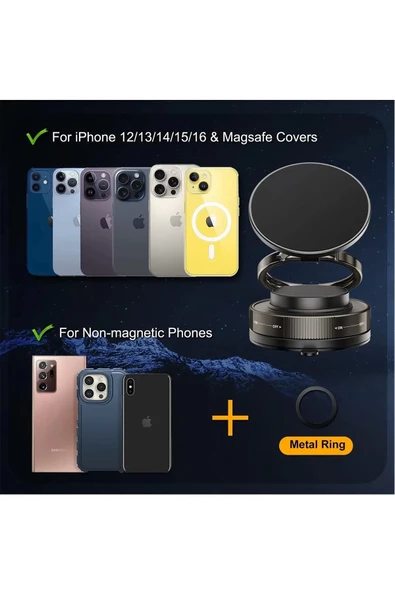 Metalik Magsafe Telefon Tutucu Tüm Yüzeylerle Uyumlu Vakumlu 360 Dönen Oynar Başlık - 8