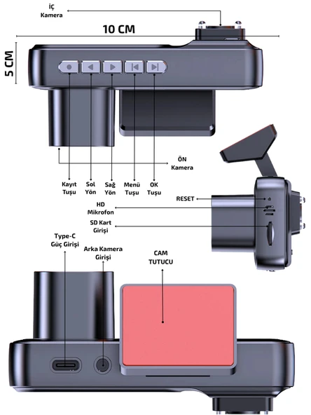 A-98 WiFi Full HD 3 Kameralı Araç İçi Güvenlik Kamerası + Park Modu Kablosu Ön-Arka-İç Kayıt,DashCam - 6