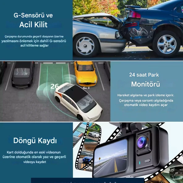 A-98 WiFi Full HD 3 Kameralı Araç İçi Güvenlik Kamerası + Park Modu Kablosu Ön-Arka-İç Kayıt,DashCam - 5