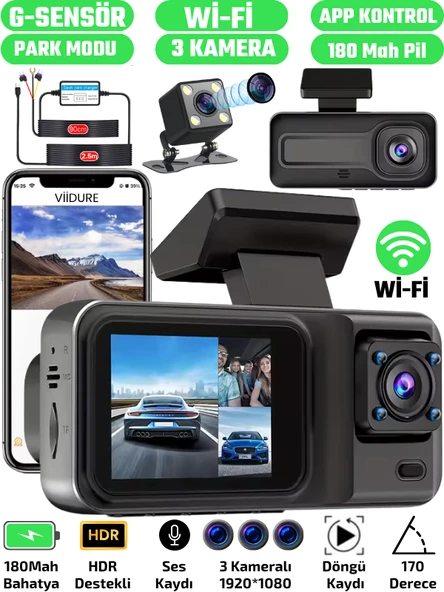 A-98 WiFi Full HD 3 Kameralı Araç İçi Güvenlik Kamerası + Park Modu Kablosu Ön-Arka-İç Kayıt,DashCam