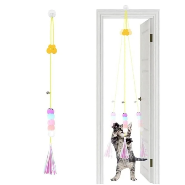 Elastik Tırtıl Kedi Oyuncağı Vantuzlu Lastikli Kedi Zilli Peluş Yakalama Egzersiz Oyuncağı - 5