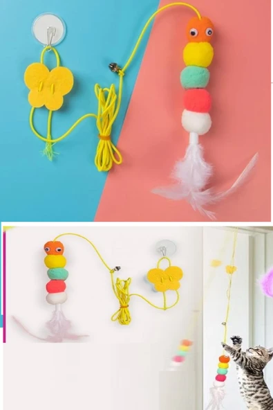 Elastik Tırtıl Kedi Oyuncağı Vantuzlu Lastikli Kedi Zilli Peluş Yakalama Egzersiz Oyuncağı - 3