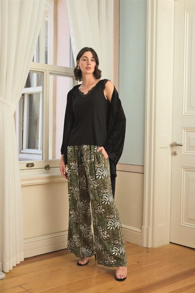 Çiçek Yaprak ve Etnik Desenli Dantelli 3'lü Pijama Takımı - Resim 10