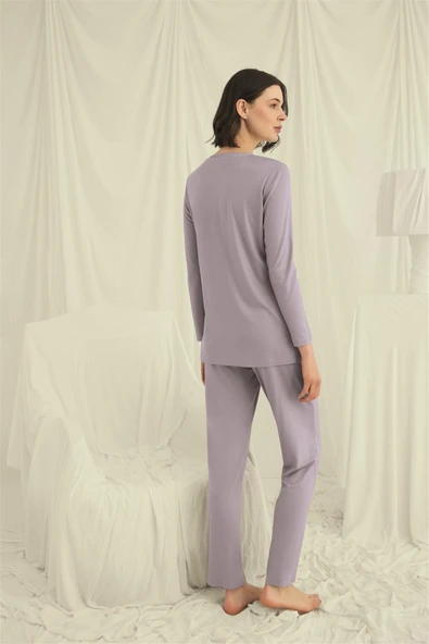 Uzun Kollu Boydan Düğmeli V Yaka Pijama Takımı - 6