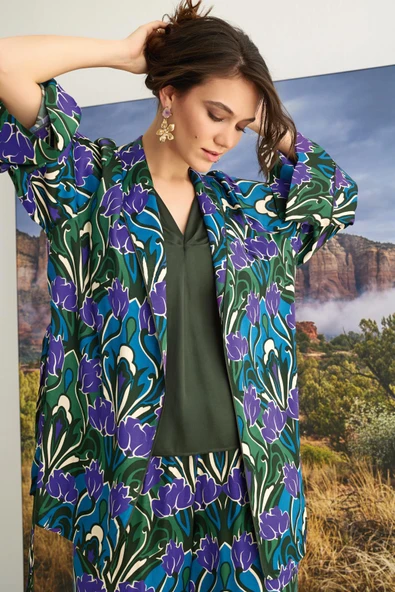 Çiçek Desenli 3'lü Saten Pijama Takımı - 5