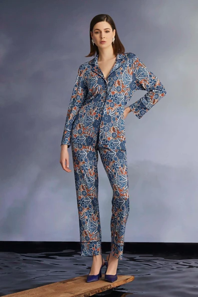 Çiçek ve Yaprak Desenli Düğmeli Gömlek Yakalı Pijama Takımı - Resim 2
