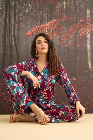 Çiçek ve Yaprak Desenli Önü Düğmeli Pijama Takımı - 6