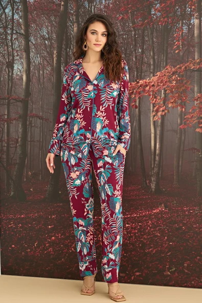 Çiçek ve Yaprak Desenli Önü Düğmeli Pijama Takımı - 2