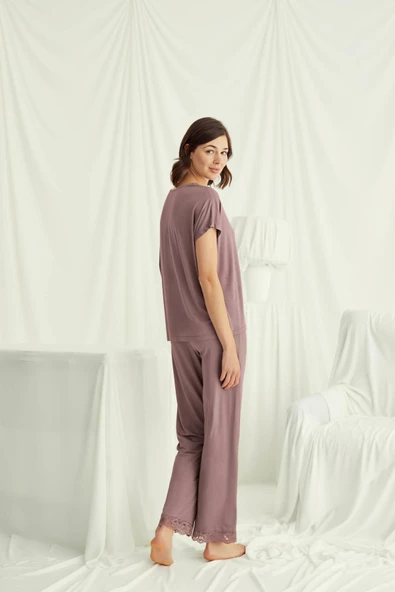 Kısa Kollu V Yakalı Dantelli Pijama Takımı - 6