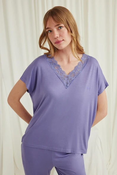 Kısa Kollu V Yakalı Dantelli Pijama Takımı - Resim 6