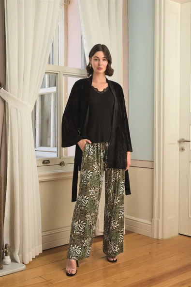 Çiçek Yaprak ve Etnik Desenli Dantelli 3'lü Pijama Takımı - Resim 2