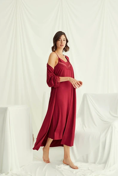 Dekolteli Yakası ve Kolu Dantelli Sabahlık Takımı - 6