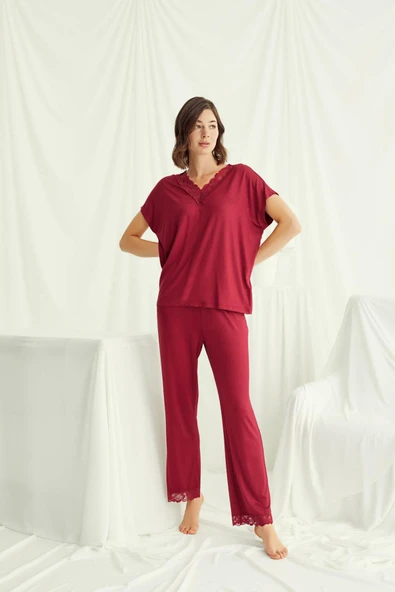Kısa Kollu V Yakalı Dantelli Pijama Takımı - 2
