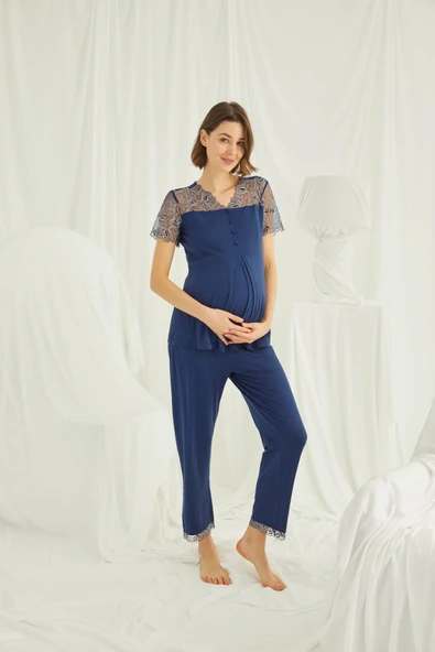 Brode Dantelli Önü Düğmeli Hamile Lohusa Pijama Takımı - 1
