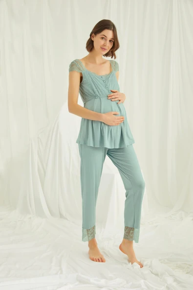 Dantelli Önü Düğmeli Hamile Lohusa 3'lü Pijama Takımı - 7