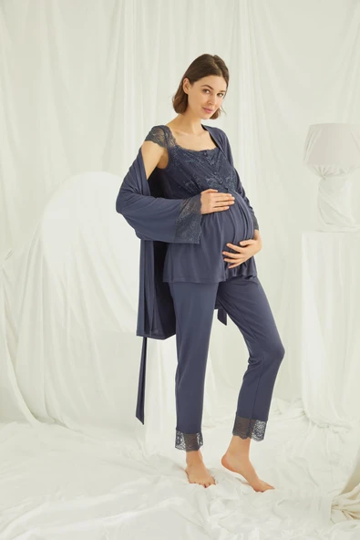 Dantelli Önü Düğmeli Hamile Lohusa 3'lü Pijama Takımı - 4
