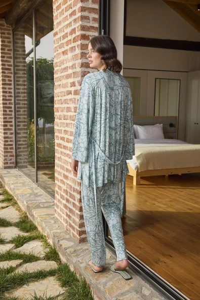 Yaprak Desenli Dantelli Hamile Lohusa 3'lü Pijama Takımı - 5