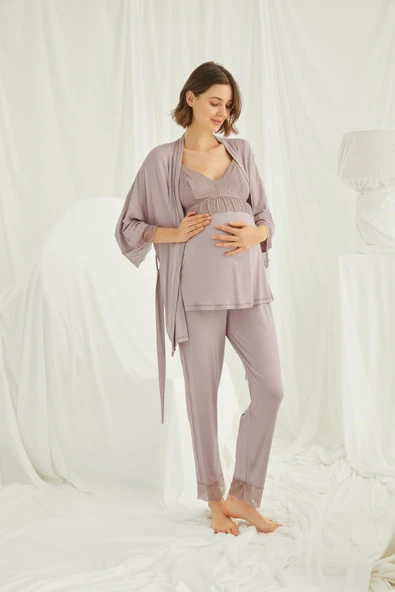 Dantelli Hamile Lohusa 3'lü Pijama Takımı - 6